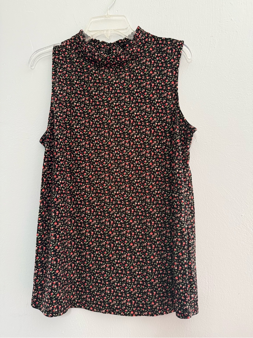Sleeveless Black Floral Mock Neck Top